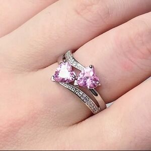 New Women's Elegant Double Heart Zircon Wedding Party Ring pink size 6